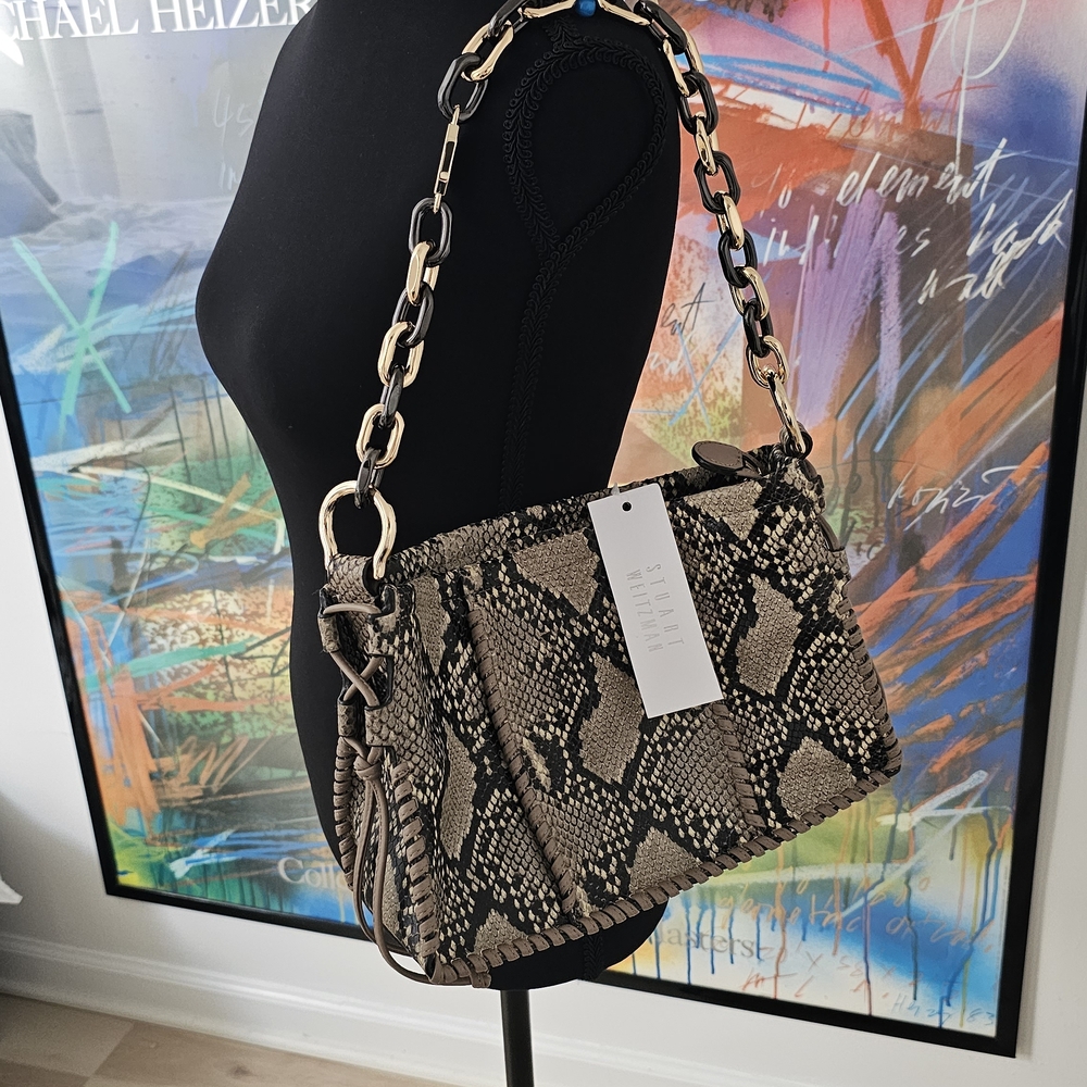 Stuart Weitzman Tan and Black Snake Print Shoulder Bag